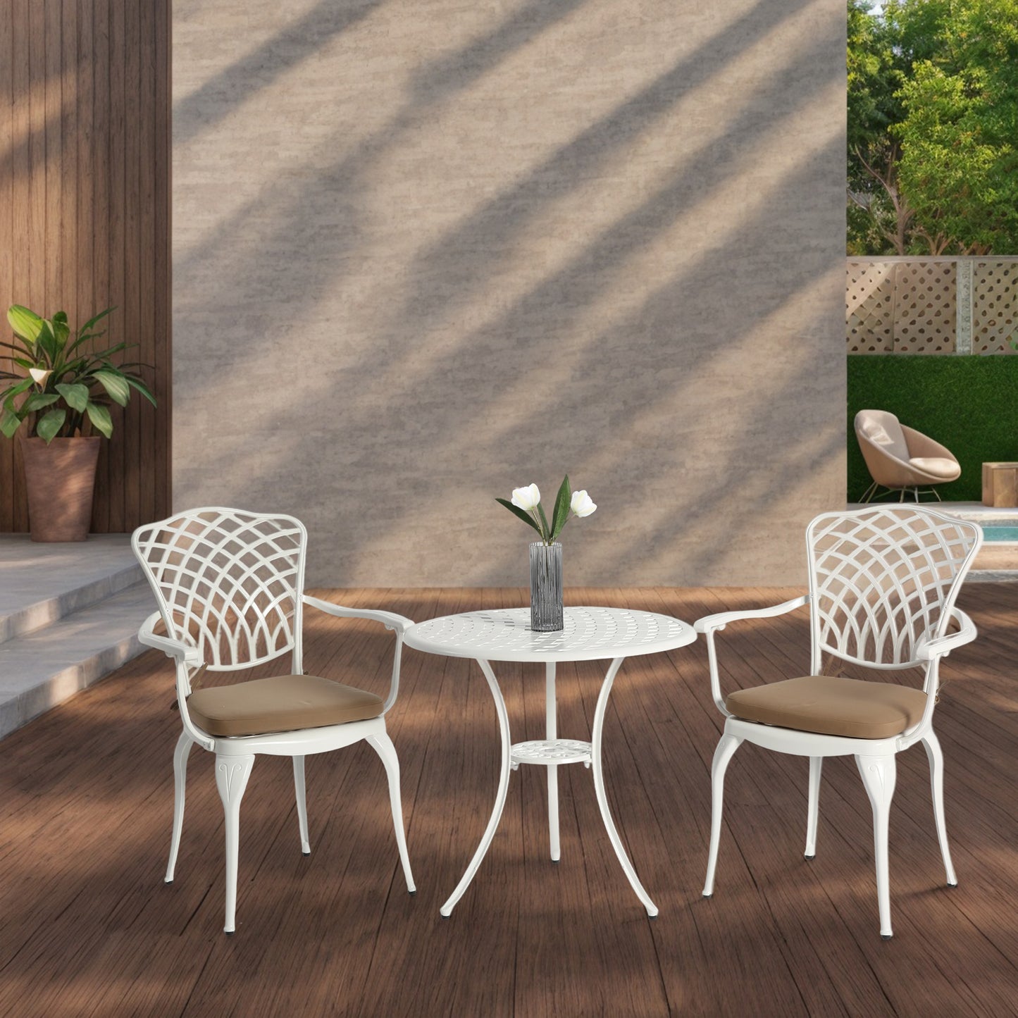 3 Piece Patio Bistro Set Cast Aluminum Bistro Table And Chairs Set Of 2 With Umbrella Hole,All Weather Metal Bistro Table Set,Outdoor Patio Furniture Set For Garden With Cushion White
