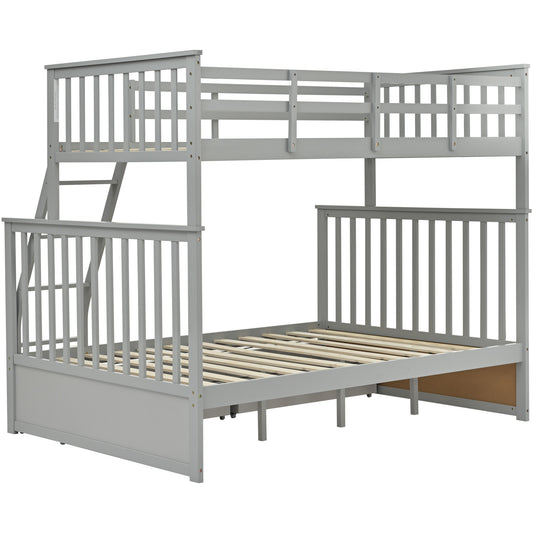 Twin Over Full Bunk Bed With Storage Drawers, Wooden Bunk Bed With Ladder And Safety Guard Rails -Gray