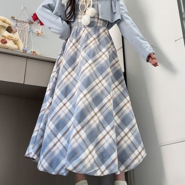 Faux Two-piece Plaid Design Long Sleeve Dress For Women