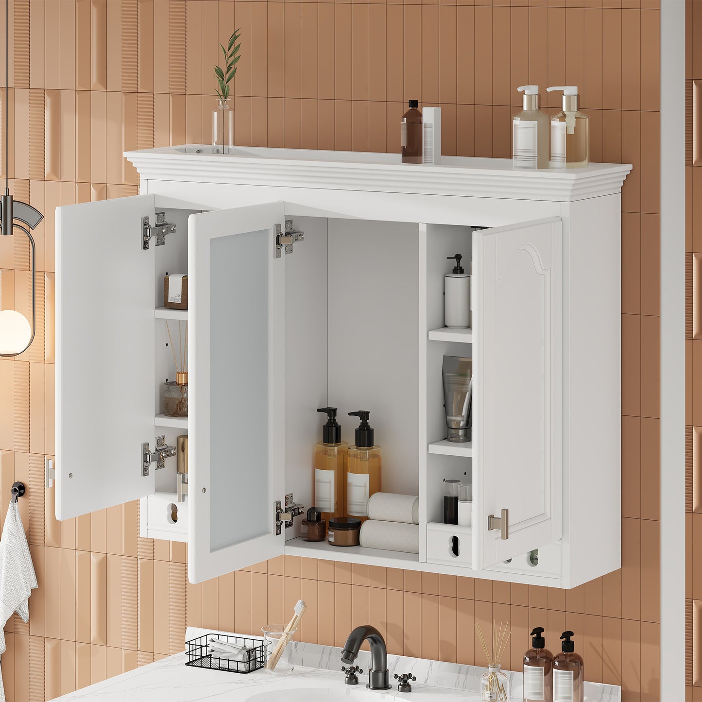 35 Inch Wall-Mount All-in-One Mirror Cabinet With Adjustable Shelves, Soft-Closing Hinges, For Bathroom Vanity, Living Room, Bedroom Storage Organizer
