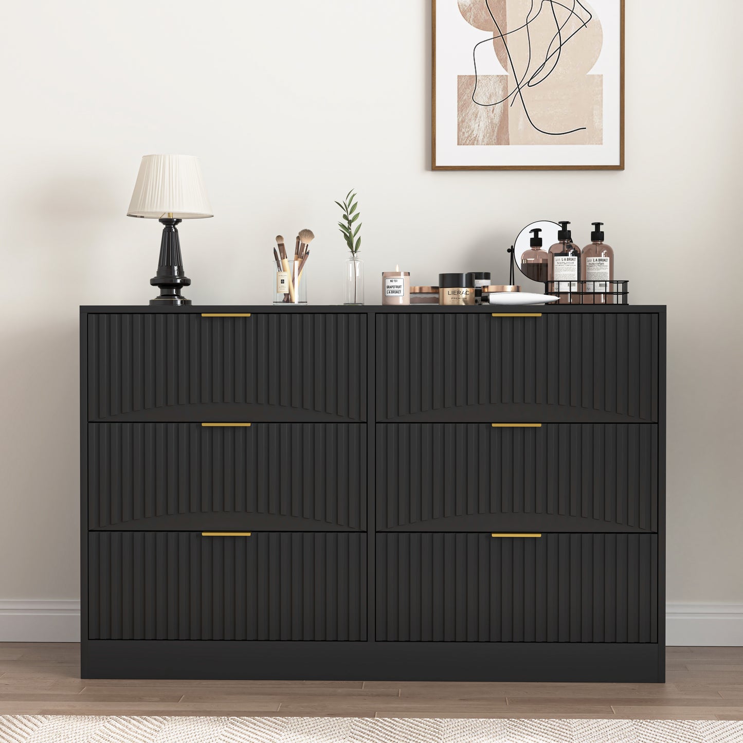 Modern 6-Drawer Dresser, Chest Of Drawers For Bedroom, Living Room, Hallway, And Entryway - Large Storage Cabinet, Black,Drawer Panel With Wavy Patterns