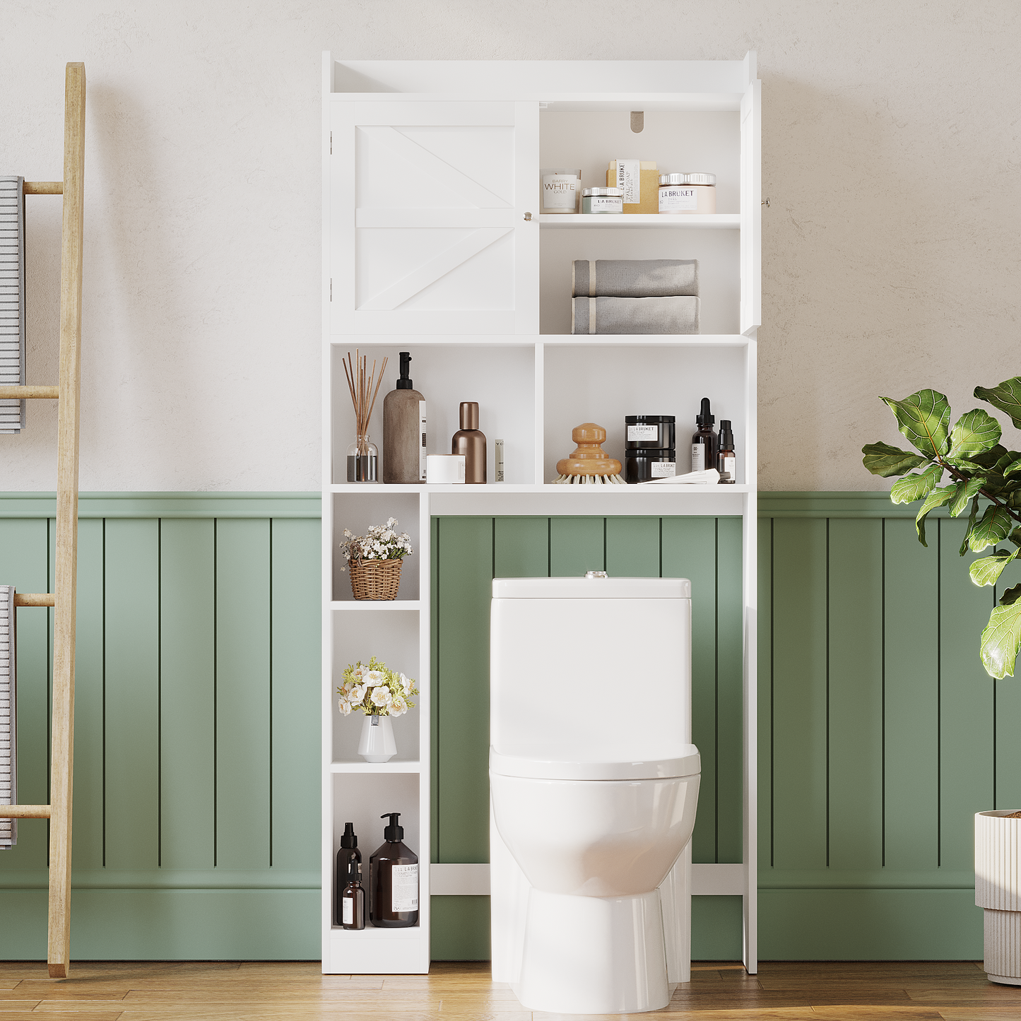 Over-The-Toilet Storage Cabinet With Adjustable Shelf, Bathroom Space Saver With Double Doors And Open Shelves, Freestanding Toilet Organizer Rack For Bathroom Storage  White