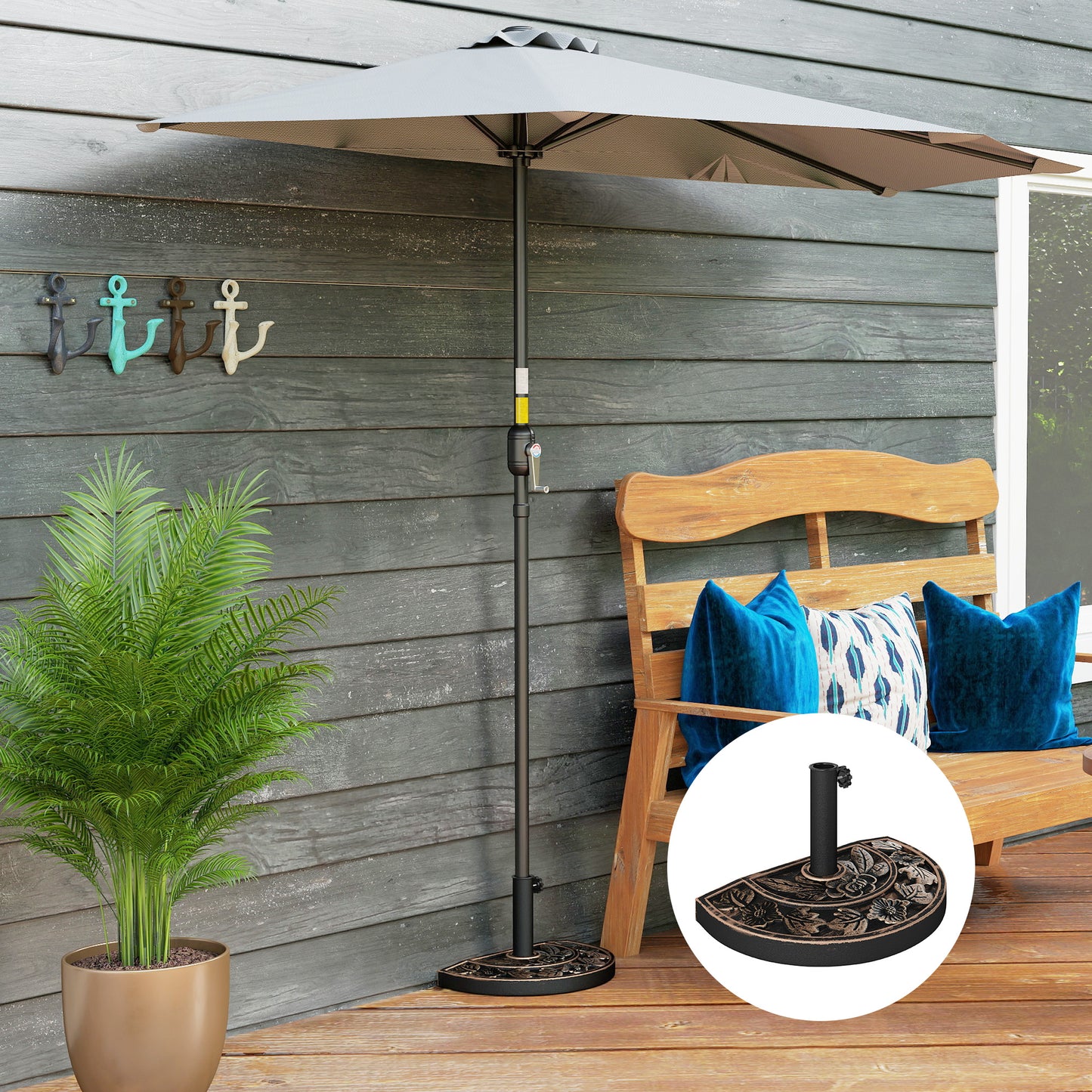 20lbs Half Round Patio Umbrella Base Outdoor Decorative Resin Parasol Stand Holder For Φ1.5", Φ1.9" Pole, For Lawn, Deck, Backyard, Garden, Bronze