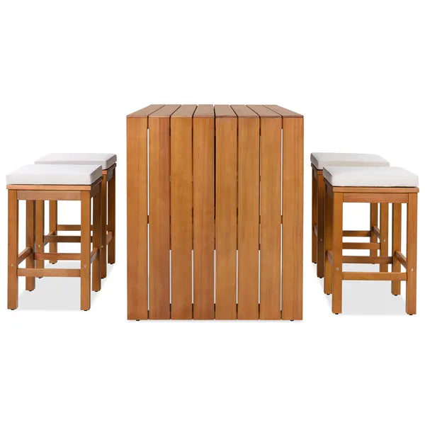 5 Piece Outdoor Bar Set, Patio Acacia Wood Bar Height Table & Four Stools With Cushions, Wood Dining Bar Set For Backyard, Poolside, Balcony, Beige Cushion And Natural Wood