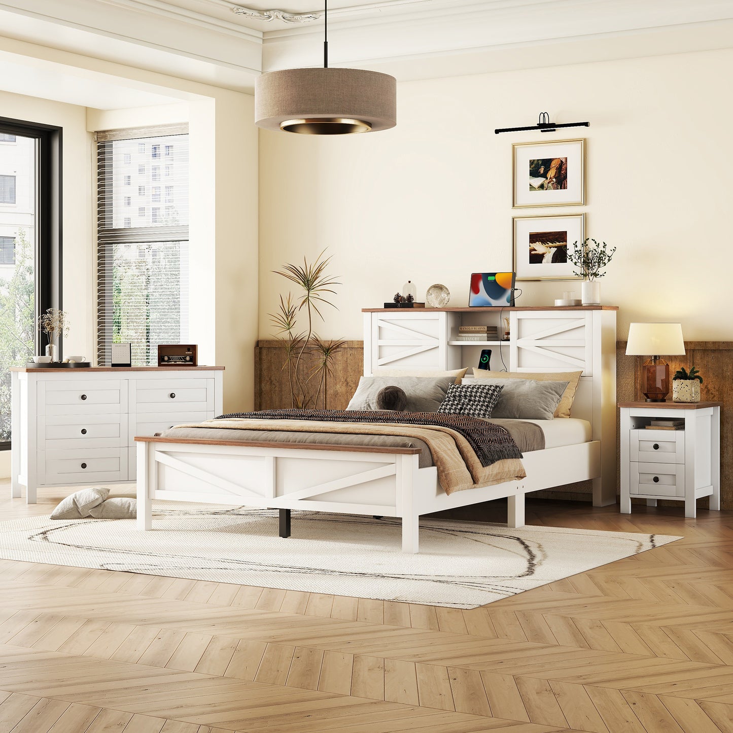 3-Pieces Bedroom Sets Queen Size  Farmhouse Platform Bed With Double Sliding Door Storage Headboard, Storage Nightstand And Dresser, White Brown Old SKU HL000092AAK