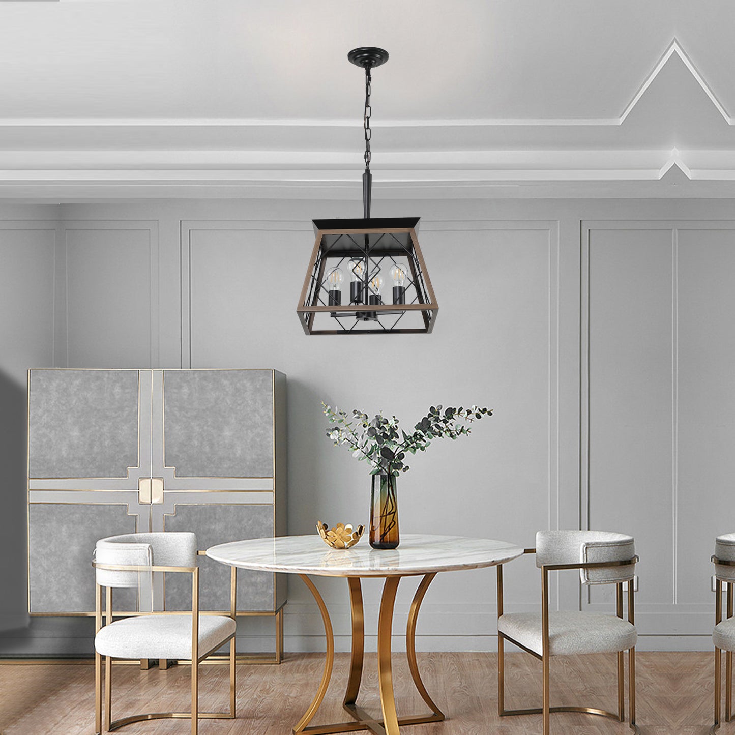 Same As W1340111202-L1008  16in  Walnut Industrial 4-Light Pendant Chandelier, Modern Metal Cage Design, Adjustable Hanging Light For Dining Room, Kitchen, Living Room  No Bulbs