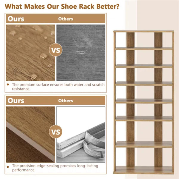 7-Tier Double-Row Shoe Rack With Adjustable Shelves, Anti-Tipping Narrow Storage Rack For Entryway Closet-Natural