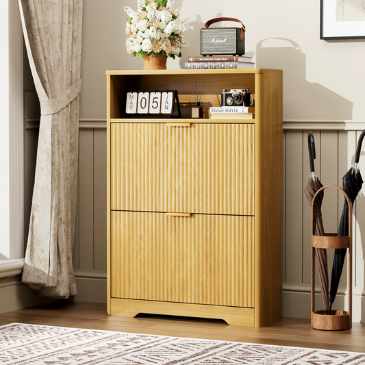 Shoe Cabinet Storage For Entryway Hidden Shoes Storage Cabinet With 2 Flip Drawers, Tall Free Standing Shoe Organizer Rack For Foyer, Hallway. Natural,31.6  L X 9.6  W X 40  H.