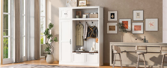 3-in-1 Hall Tree With Overhead Storage Cabinet, 3 Adjustable Side Shelves, 4 Heavy-Duty Hooks, 2 Spacious Drawers, Grooved Back Panel Design, Contrasting Seat Bench, Multifunctional Entryway Organizer