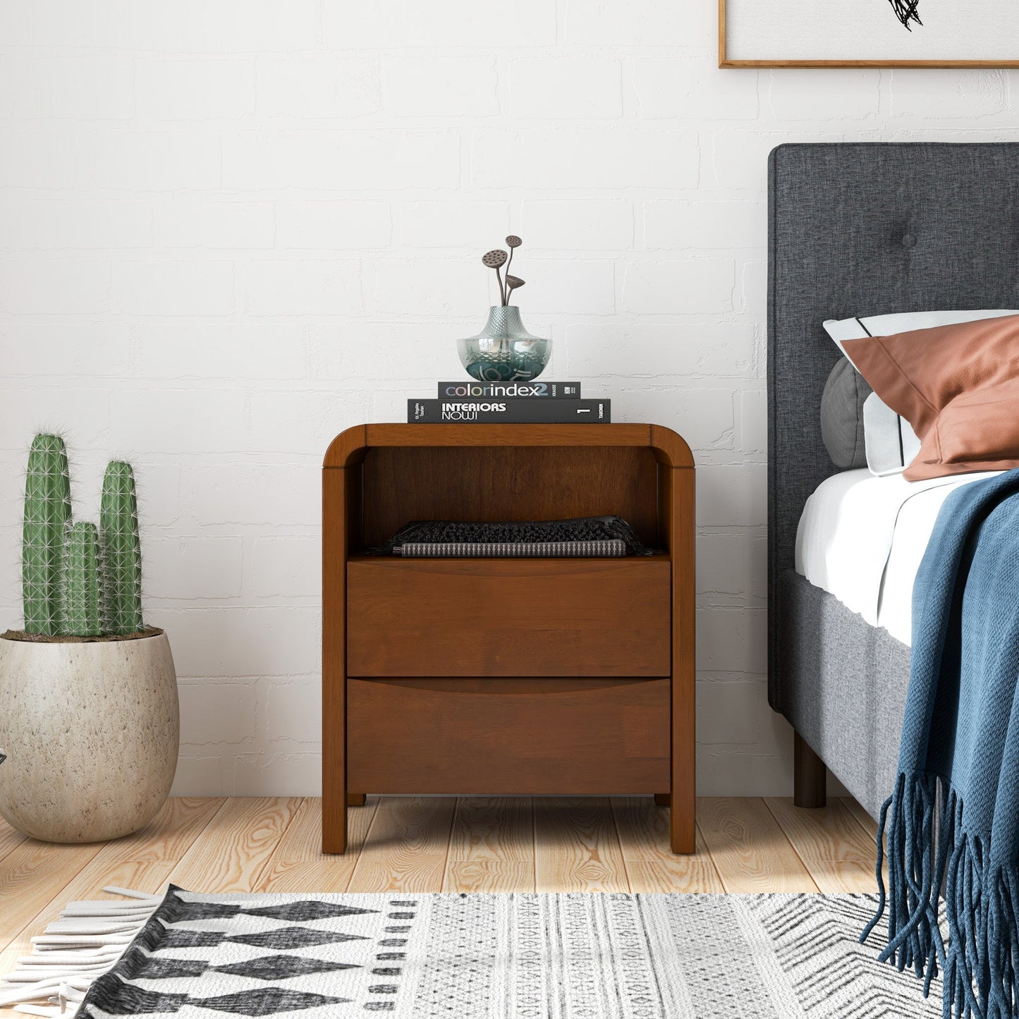 Lionel Mid Century Modern Solid Wood Nightstand 2-Drawer 23.6  H X 20.4  W X 15.7  D For Bedroom, Living Room
