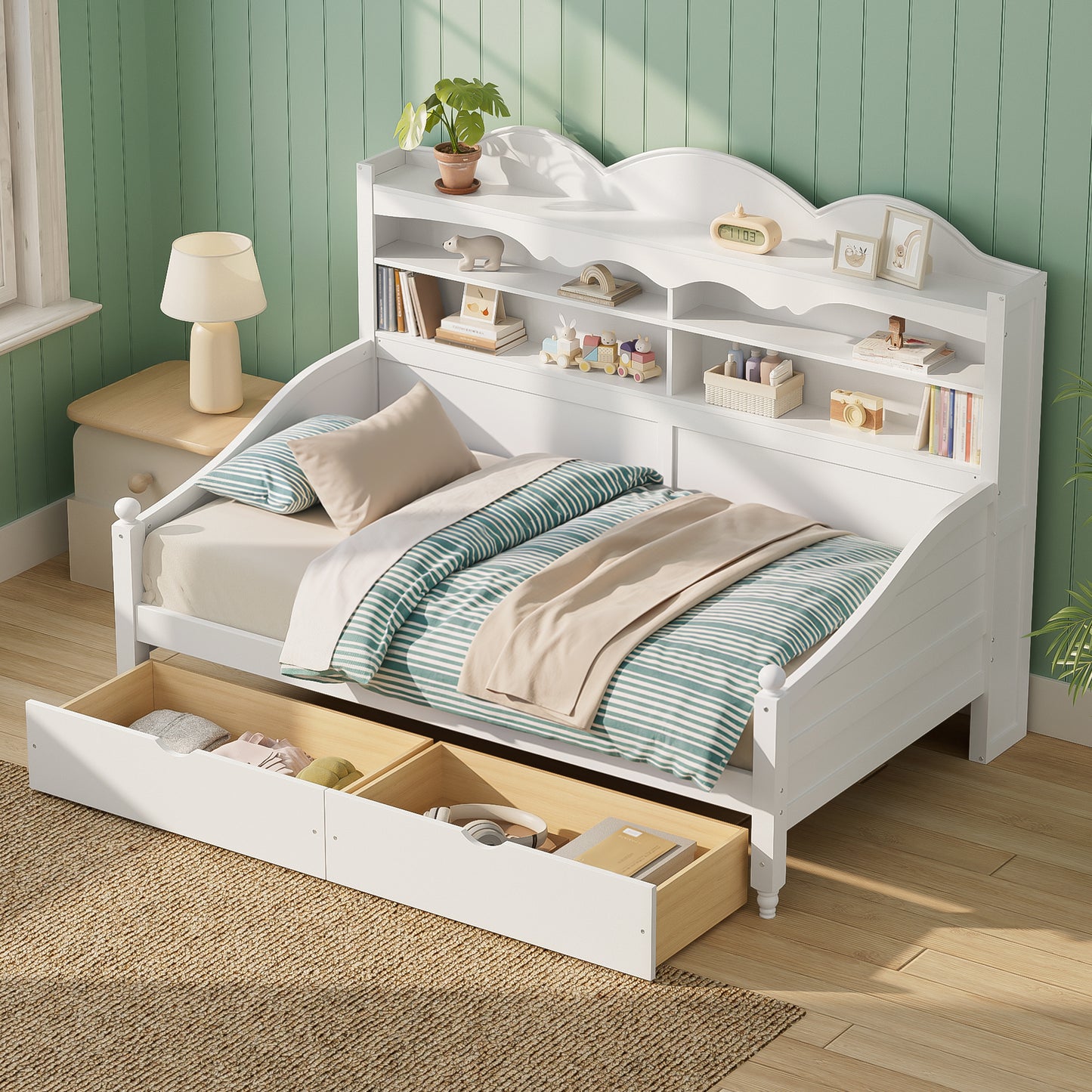 Twin Daybed With Storage Drawers, Wooden Twin Day Bed With Storage Headboard Shelving, Retro Style Daybed For Bedroom,Living Room,Guest Room,No Box Spring Needed, Easy Assembly, White