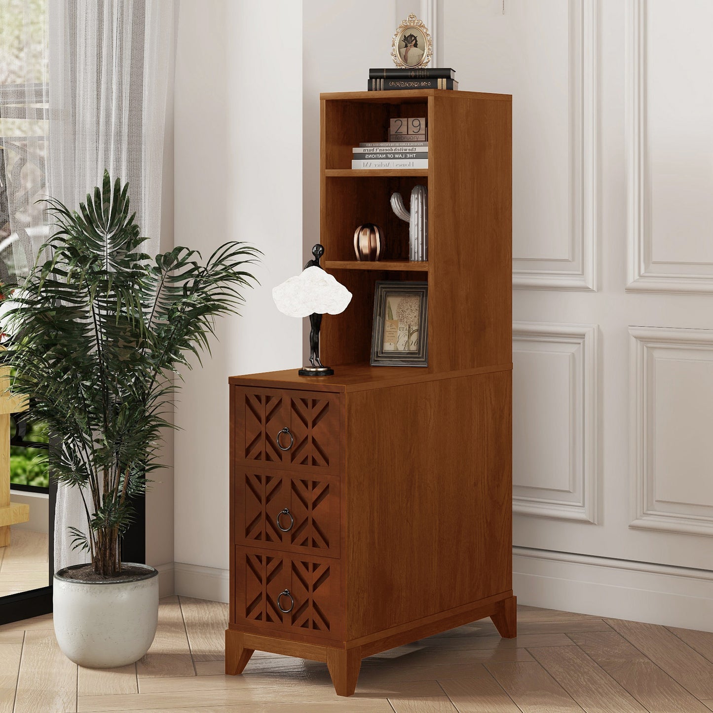 End Table With 3 Drawers, Corner Table With 2 Open Shelves, Tall Side Table For Bedroom And Corner, Walnut,Expect Arrival Date 2025 5 27
