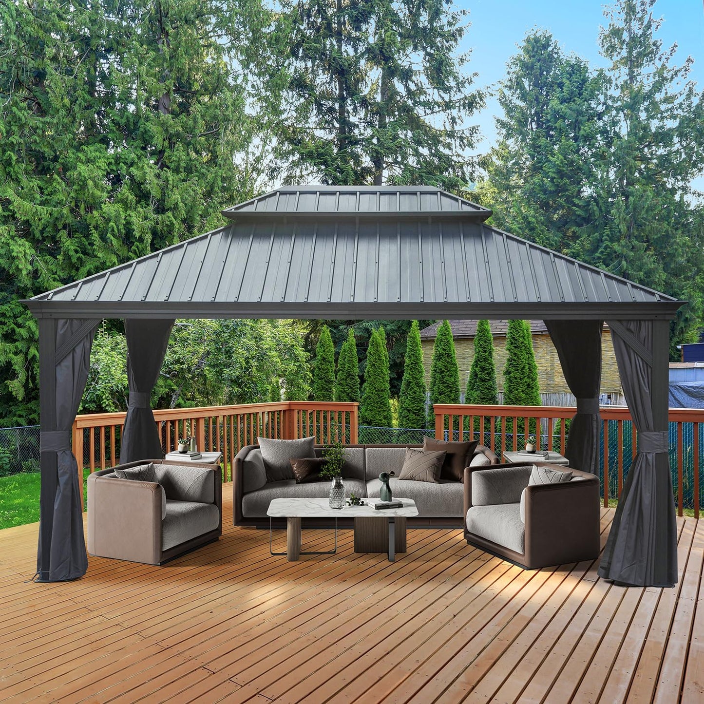 12  X 16  Hardtop Gazebo Outdoor Metal Gazebo With Galvanized Steel Double Roof Canopy, Aluminum Frame, Curtains And Netting For Patio, Deck, Garden, Grey
