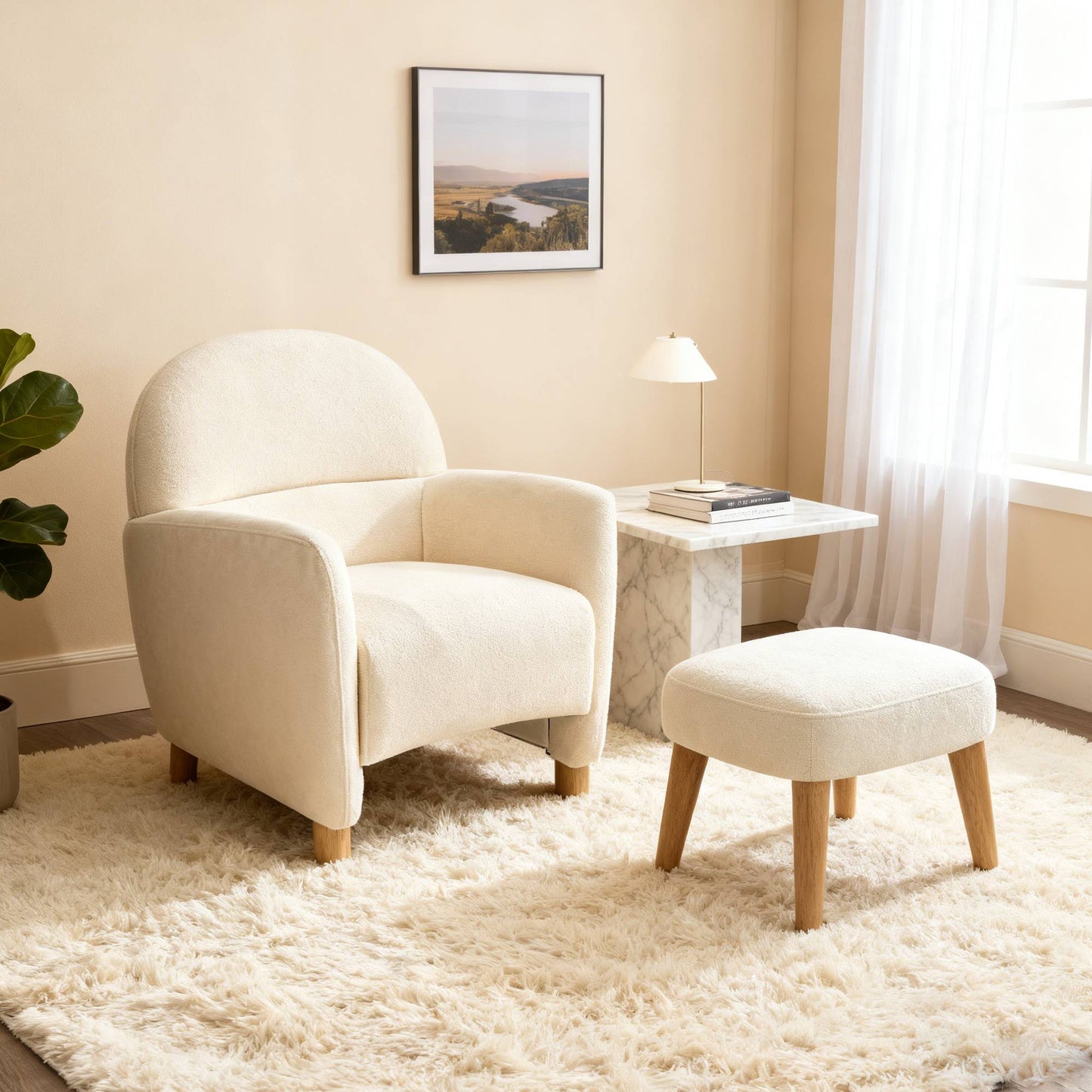 Modern Lazy Chair With Footrest Ottoman - Upholstered Leisure Sofa Chair, Reading Corner Chair For Small Space