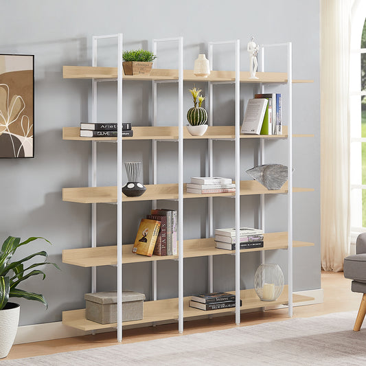 5 Tier Bookcase Home Office Open Bookshelf, Vintage Industrial Style Shelf, MDF Board, White Metal Frame, Oak  Old Sku WF300935AAC N725P247766C