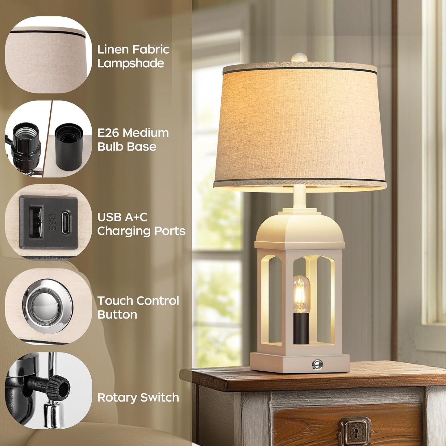 Table Lamp For Living Room, Farmhouse Lamps Set Of 2 With USB A C And Nightlight, 26  Rustic Bedside Lamps With 3-Way Dimmable, Touch Nightstand Lamp For Bedroom, White