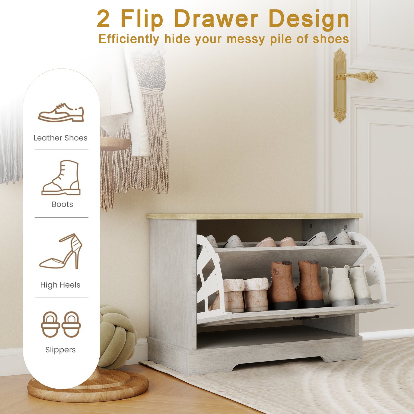 Shoe Storage Bench With 1 Flip Drawer And Adjustable Shelf, Small Shoe Cabinet  For Entryway, Hallway, Bedroom-Antique White