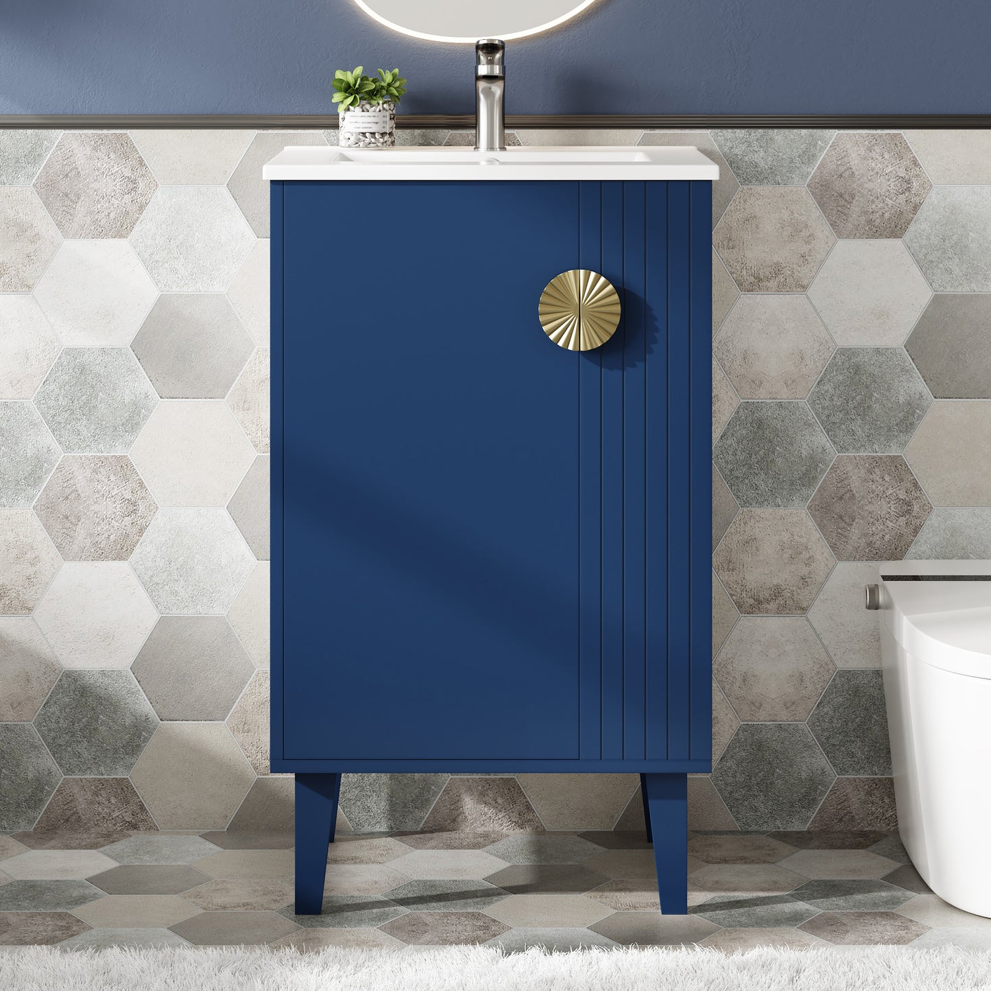 20-inch Bathroom Vanity With Ceramic Sink, Freestanding Single Vanity Set With Soft Closing Door, Chic Half-Moon Pulls, French Style, Blue