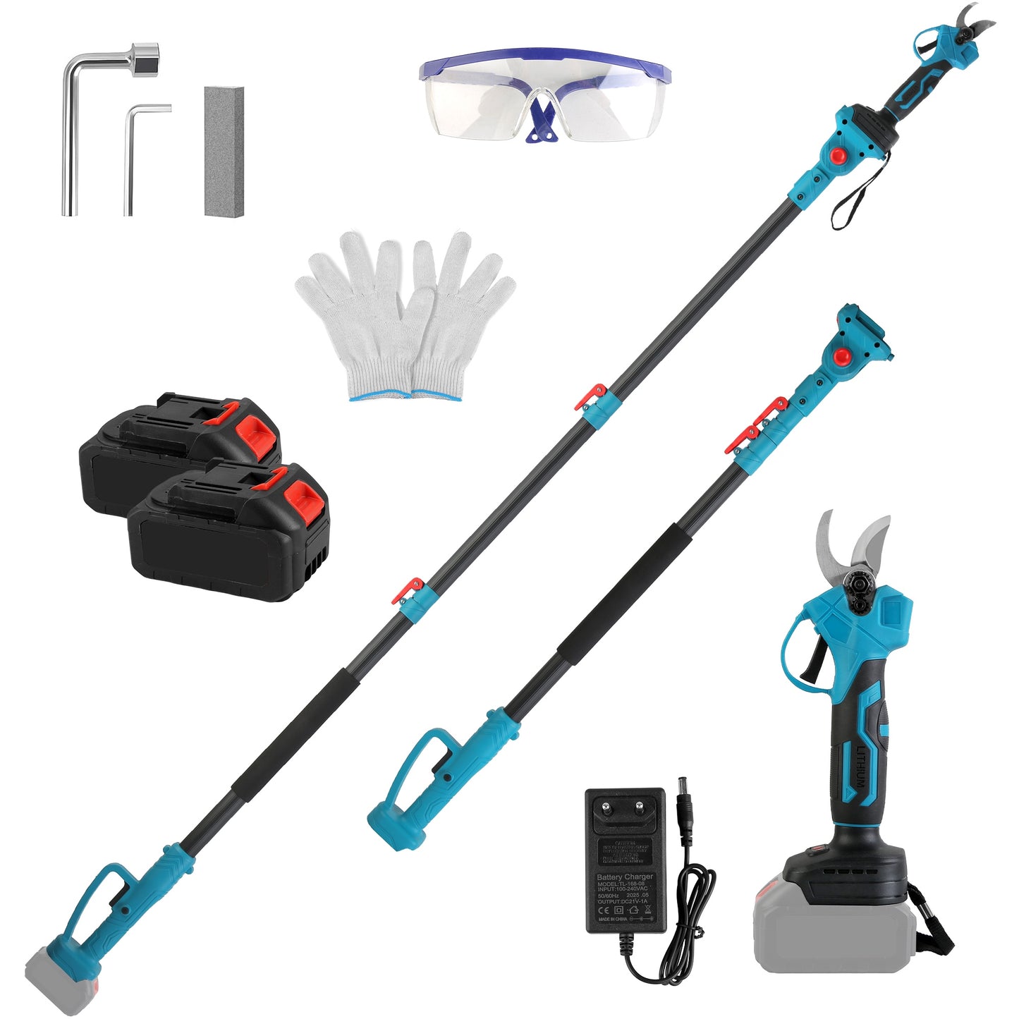 1Set 2 In 1 Electric Pruning Shear With Extension Pole 21V 4.0Ah Batteries Powered Cordless Pruner Reach 13FT High 0.98in Cutting Diameter For Tree Trimming