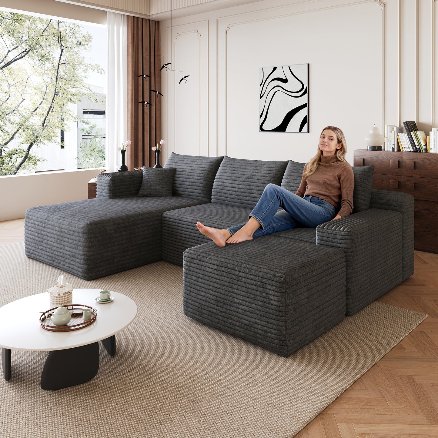 95  Cloud Sectional Sofa With 1 Ottoman,Modern Minimalist Upholstered Couches, Comfort U Shaped Sofa For Living Room,Deep Seat Corner Couch,No Assembly Required,Dark Grey  Plush Corduroy Fabric