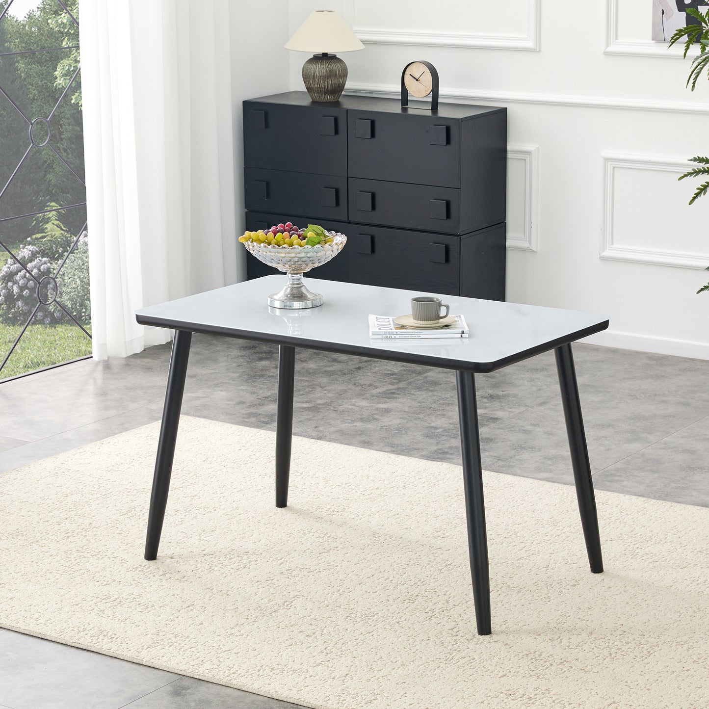 Modern Minimalist Rectangular Dining Table,suitable For 4-6 People.Tempered Glass Countertop Lower MDF Board,imitation Marble Texture,black Metal Tapered Legs.Suitable For Minimalist Restaurants