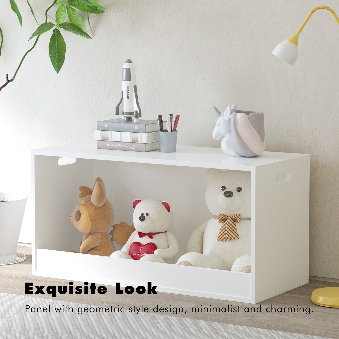 Open Toy Storage Box For Kids, White Wooden Organizer Bin For Plush Toys, Books, Nursery Or Playroom Use