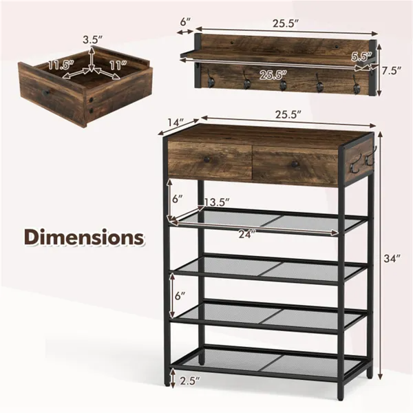 Multifunctional Entryway Storage - 5-Hook Coat Rack  2-Drawer Shoe Stand With 4 Mesh Shelves