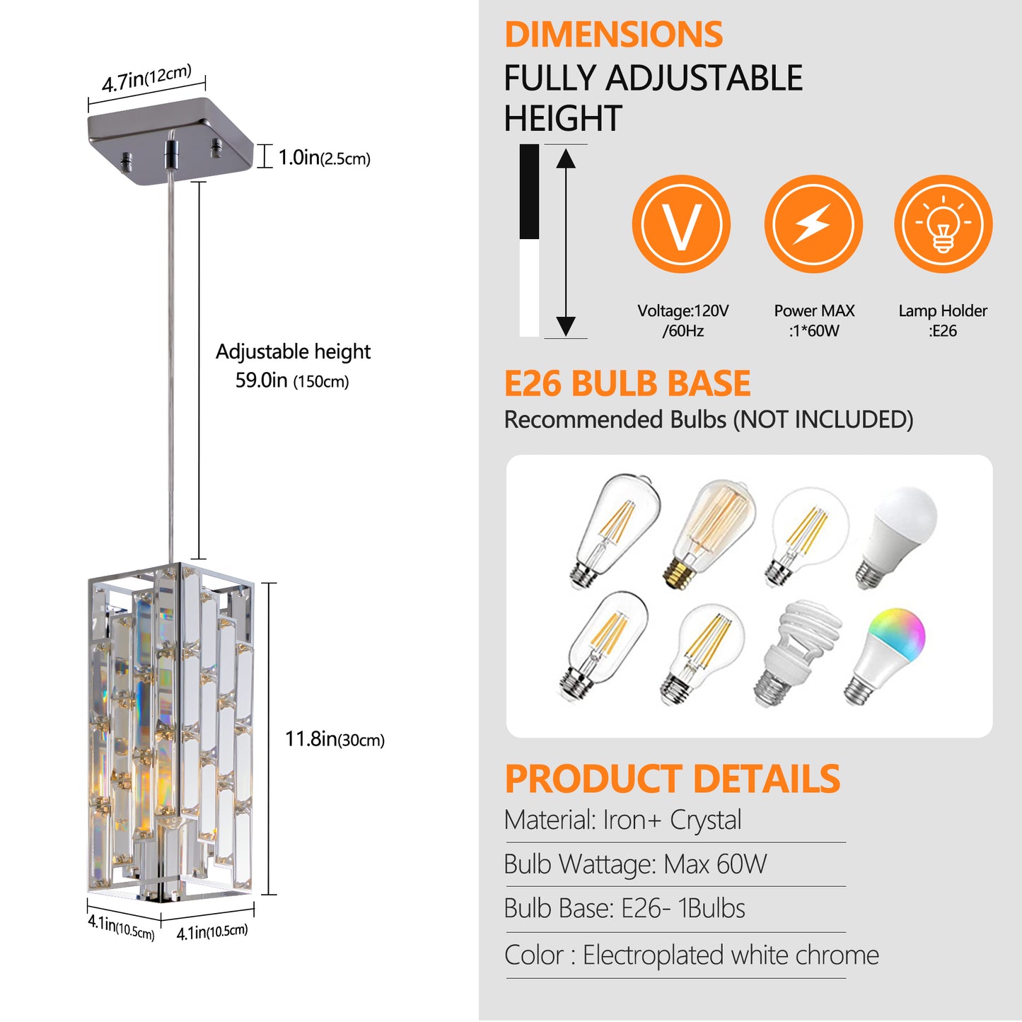 4in  Modern Crystal Pendant Light - 3 Pack, Adjustable Hanging Ceiling Lamp With Crystal Prism Design For Dining Room, Kitchen Island, And Living Room -Chrome Finish