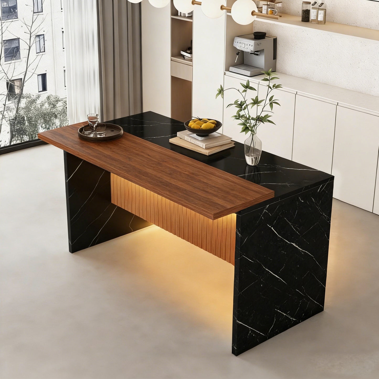 63  Modern Kitchen Island With Marble-Look Surface, LED Lights & Grille Design For Dining Room, Living Room, Black Island Only