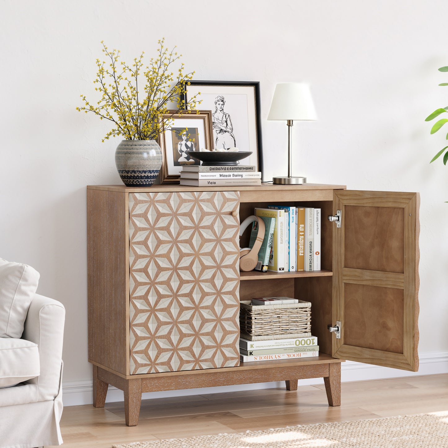 31.5-inch Geometric Design Sideboard, A Decorative Cabinet With 2 Doors And Adjustable Shelves, A Wooden Decorative Cabinet With Storage Space, Suitable For Living Room, Kitchen, And Dining Room.