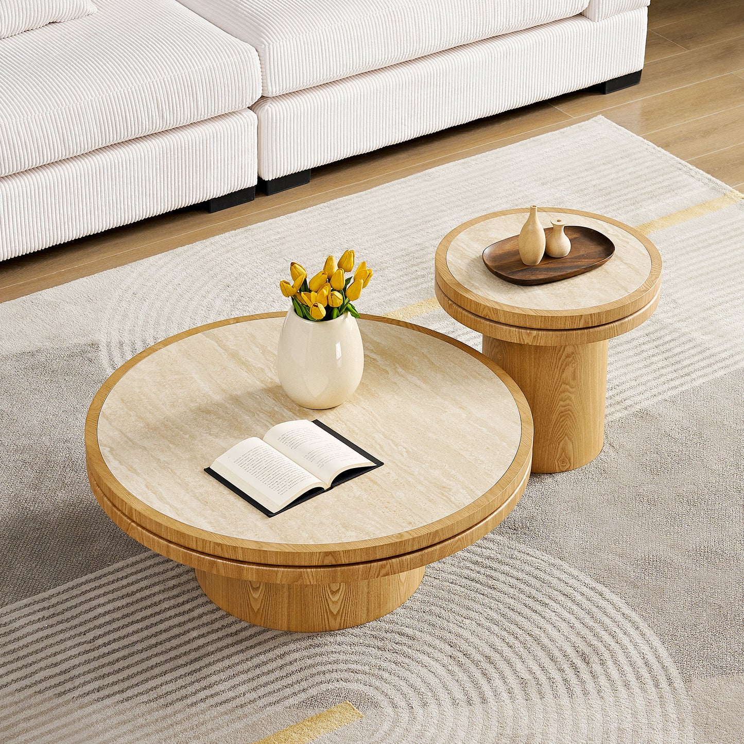 Set Of 19.49   35.43   MDF Round CoffeeTable Sintered Stone Tabletop For Living Room Apartment Reception Room NATURAL
