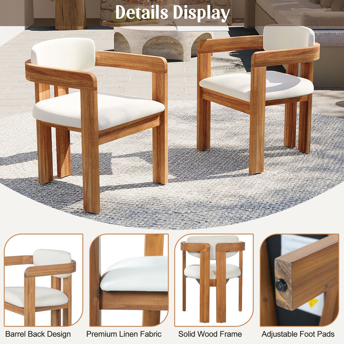 Set Of 2 Outdoor Acacia Wood Dining Chairs With Cushions, Modern Solid Wood Armchairs With Weather-Resistant Upholstery For Patio, Garden, Balcony & Backyard,Beige Cushion