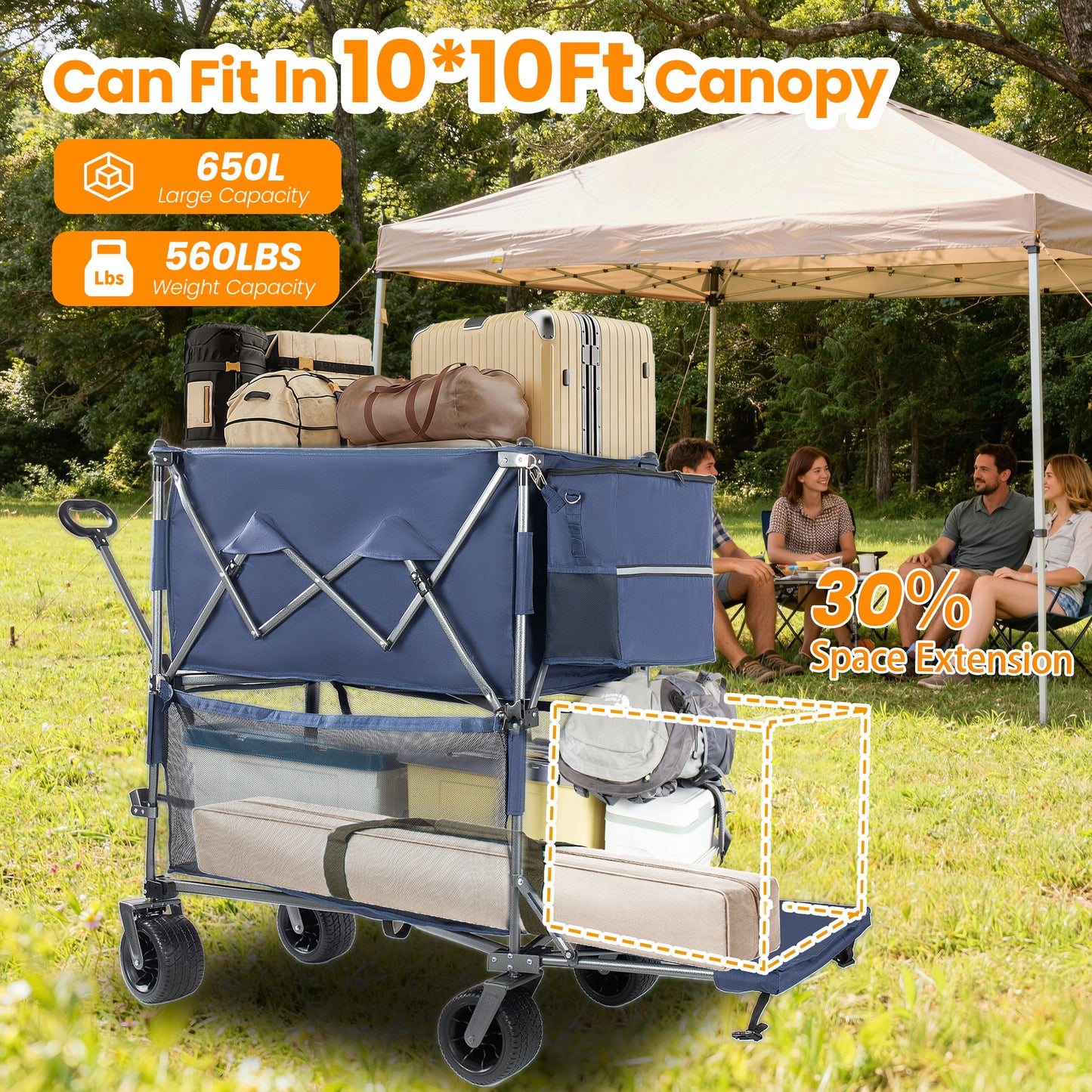 55  Heavy Duty Double- Layer Wagon With Brakes 560LBS Double Decker Wagon  650L Collapsible Wagons Carts With 7 X4 All- Terrain Wheels For Sports Camping Fishing Transport  Dark Blue