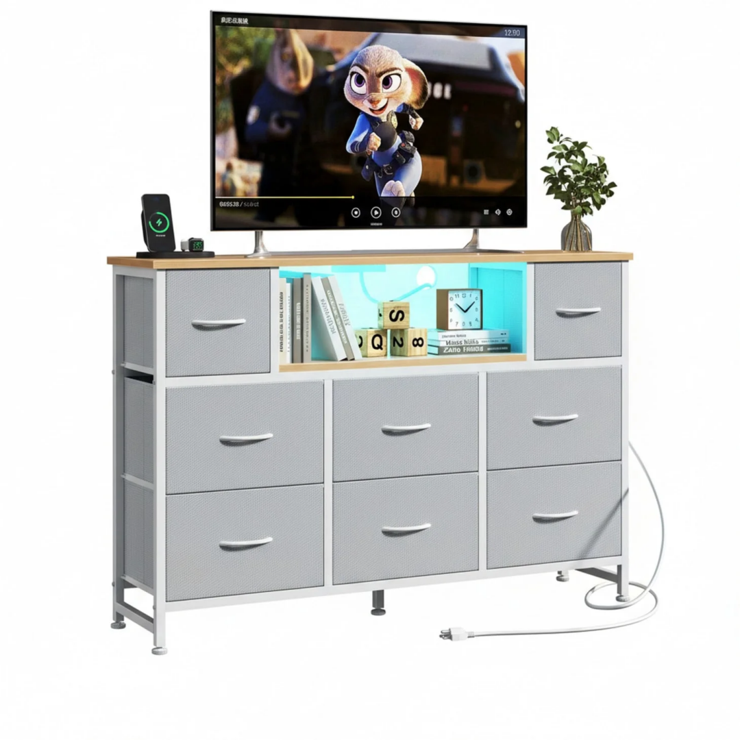 A Storage Cabinet With 8 Fabric Drawers And An Electrical Socket, And An LED TV Cabinet With USB And Type-C Interfaces