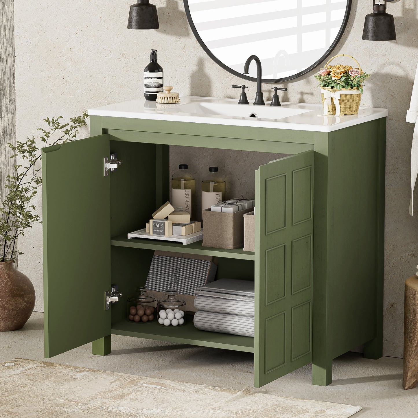 36   Bathroom Vanity Organizer With Ceramic Sink, Set Bathroom Storage Cabinet, Olive Green Old SKU SV000004AAF