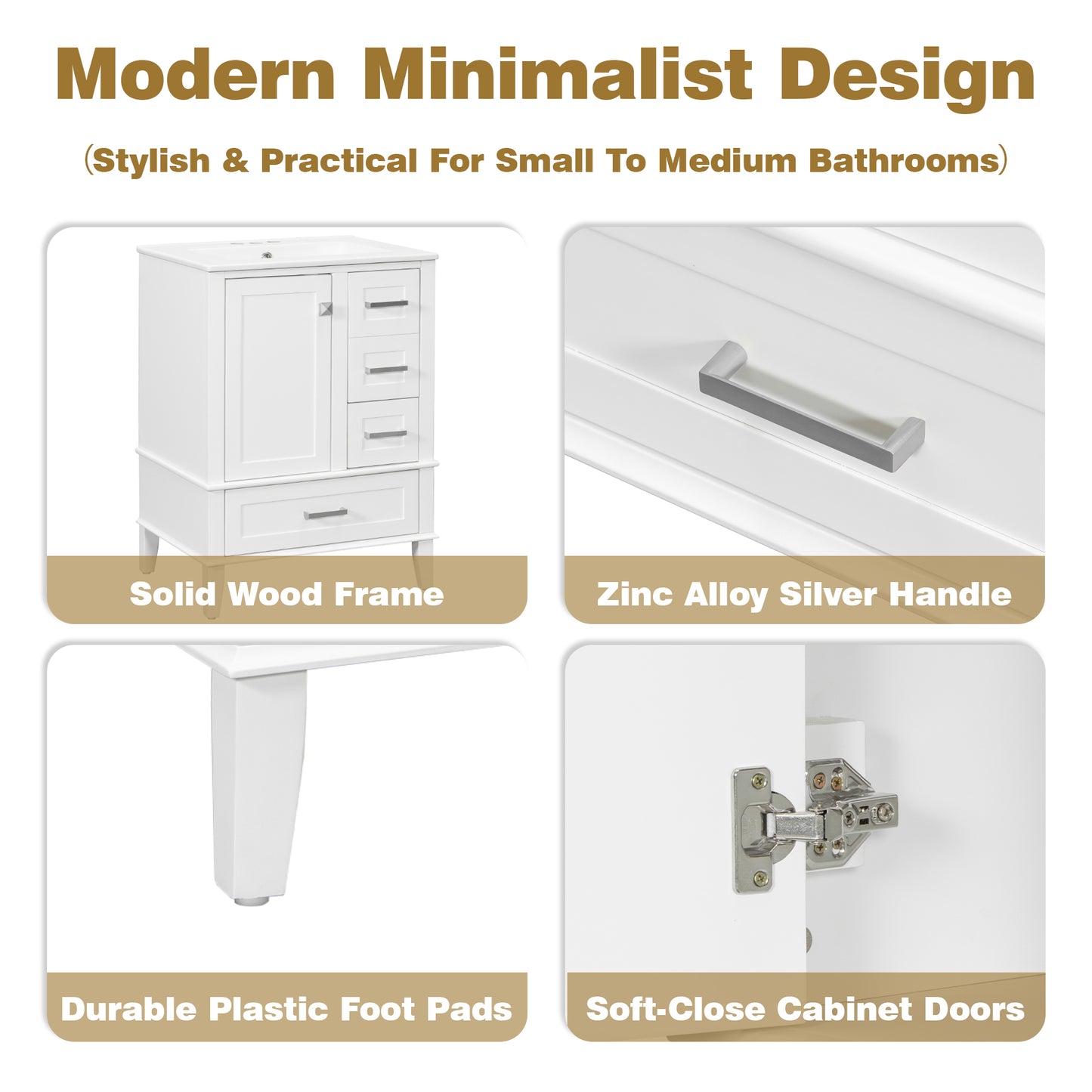 24.8  Bathroom Vanity With Ceramic Sink, Modern Freestanding Cabinet Featuring Soft-Close Door, Deep Drawer, Shallow Drawer & Wide Drawer For Space-Saving Storage