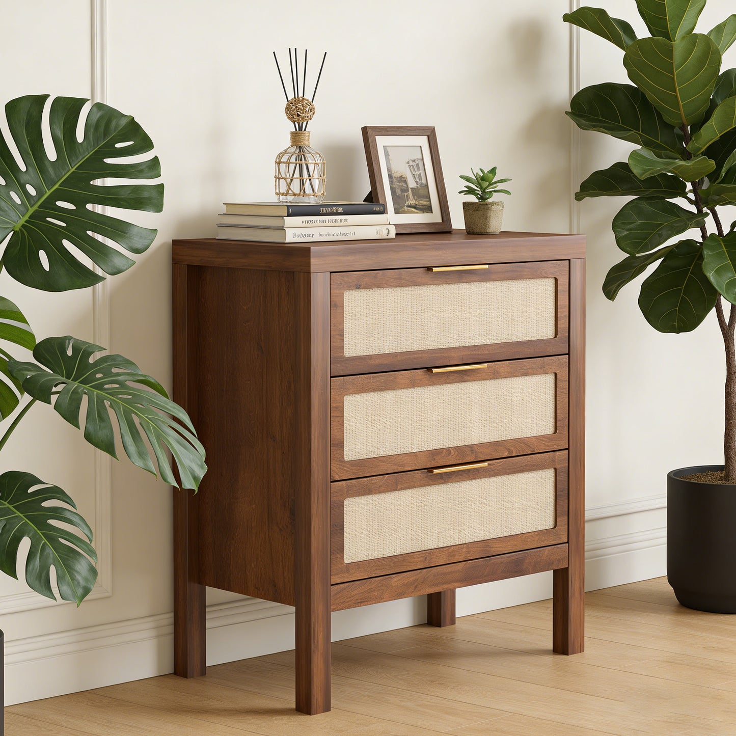 Bedside Table Chest Of Drawers Large Capacity Storage Drawer Design Multifunctional Wooden Night Stand For Bedroom Hallway Entryway Walnut Color