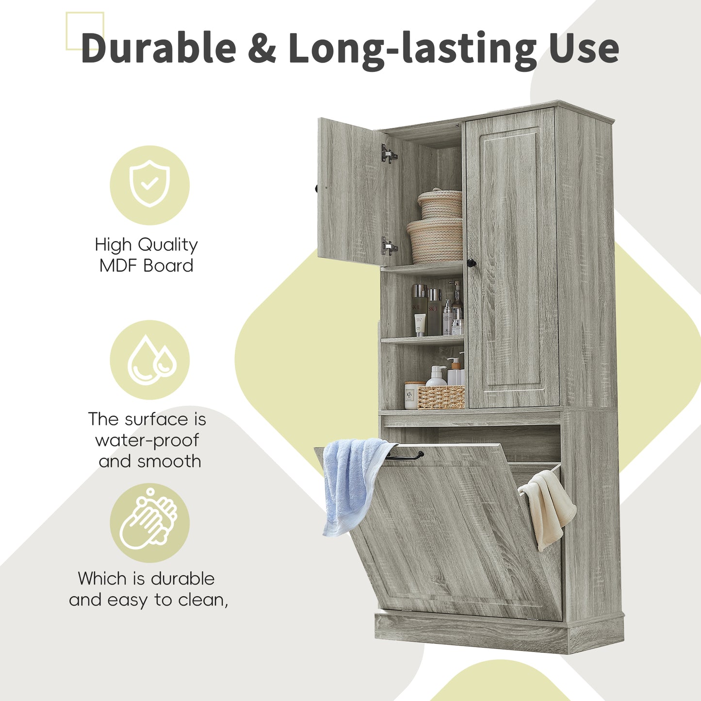 Tall Storage Cabinet With Adjustable Shelves, Large Flip-Out Basket & Enclosed Cabinets  Perfect For Bathroom, Living Room, Or Office, MDF Material With Aluminum Alloy Handles