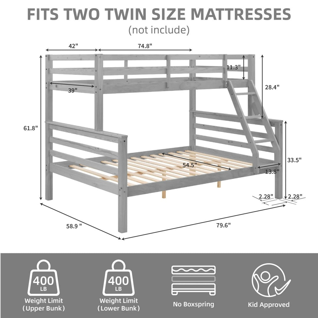 Twin Over Full Bunk Bed With Thick Posts,Wooden Bunk Bed With High Guardrail And Ladder For Kids, Teens, Dorm Rooms, And Guest Rooms,No Box Spring Needed,Grey