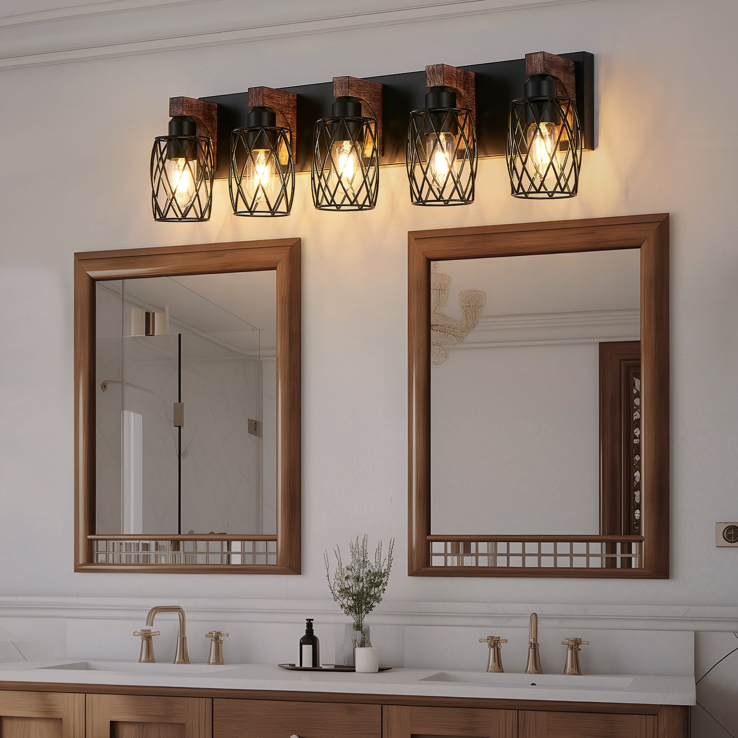 31  Industrial Vintage 5-Light Wall Sconce - Black Cage Wall Lighting Fixture With Wooden Accents For Bathroom, Hallway, Or Living Room Bulb Not Included