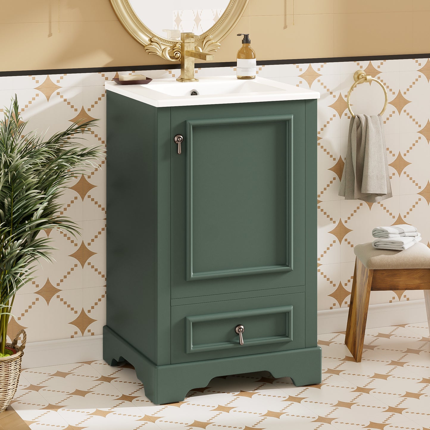 20 Inch Bathroom Vanity With Ceramic Sink, Soft Close Door, Adjustable U-Shaped Shelf, Compartment Drawer And Door Storage Rack, Modern Style, Space-Saving Design