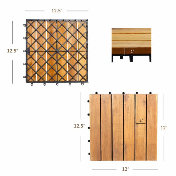 27 Multifunctional Outdoor Floor Tiles, 12' X 12' Albizia Wood Interlocking Terrace Tiles
