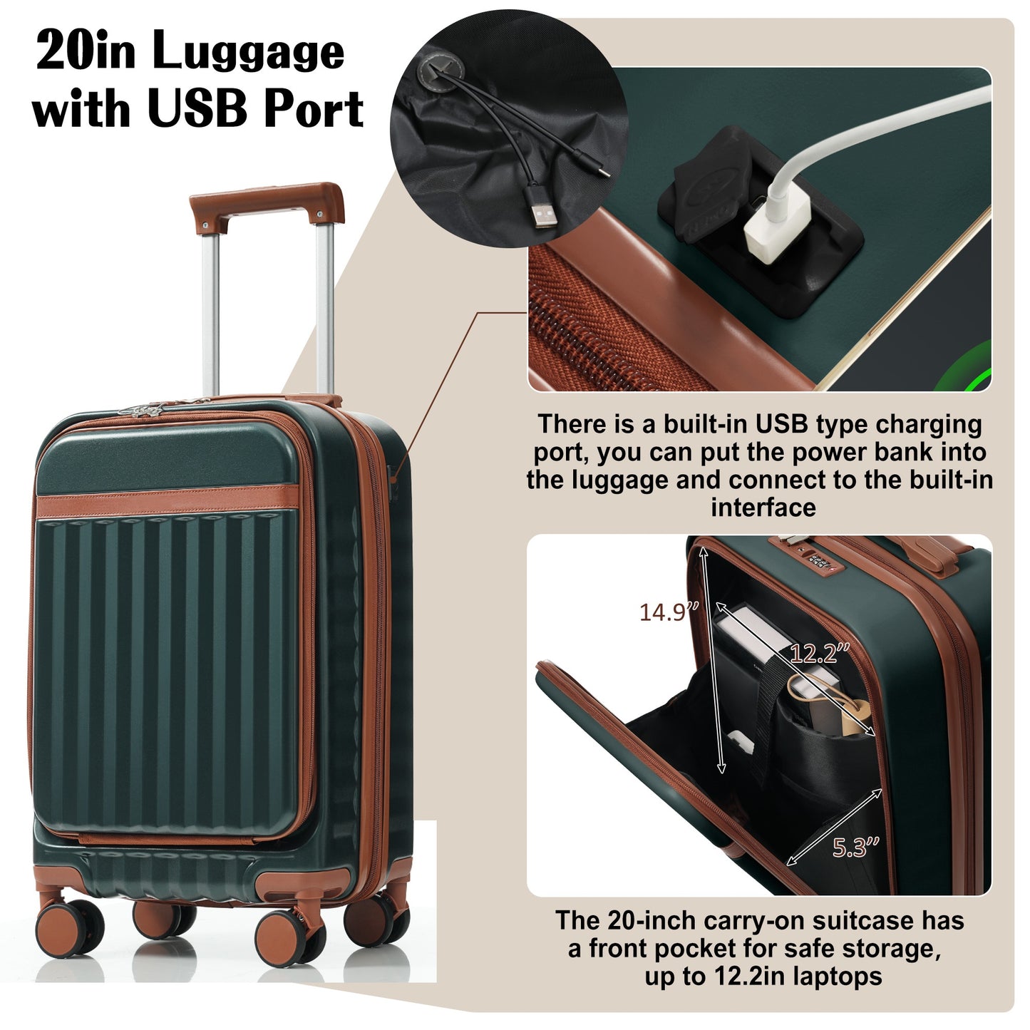 Luggage Set Of 3, 20inch With USB Port, Front Opening Design Airline Certified Carry On Luggage, ABS Hard Shell Luggage With Spinner Wheels,Dark Green