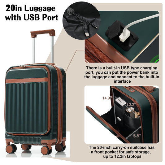 Luggage Set Of 3, 20inch With USB Port, Front Opening Design Airline Certified Carry On Luggage, ABS Hard Shell Luggage With Spinner Wheels,Dark Green