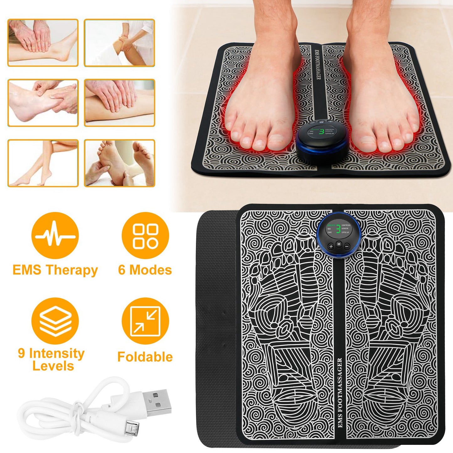 EMS Foot Massage Pad Electric Stimulator Massager Unit Rechargeable Leg Reshaping Muscle Pain Relax Massage Mat W-6 Modes 9 Intensity Levels