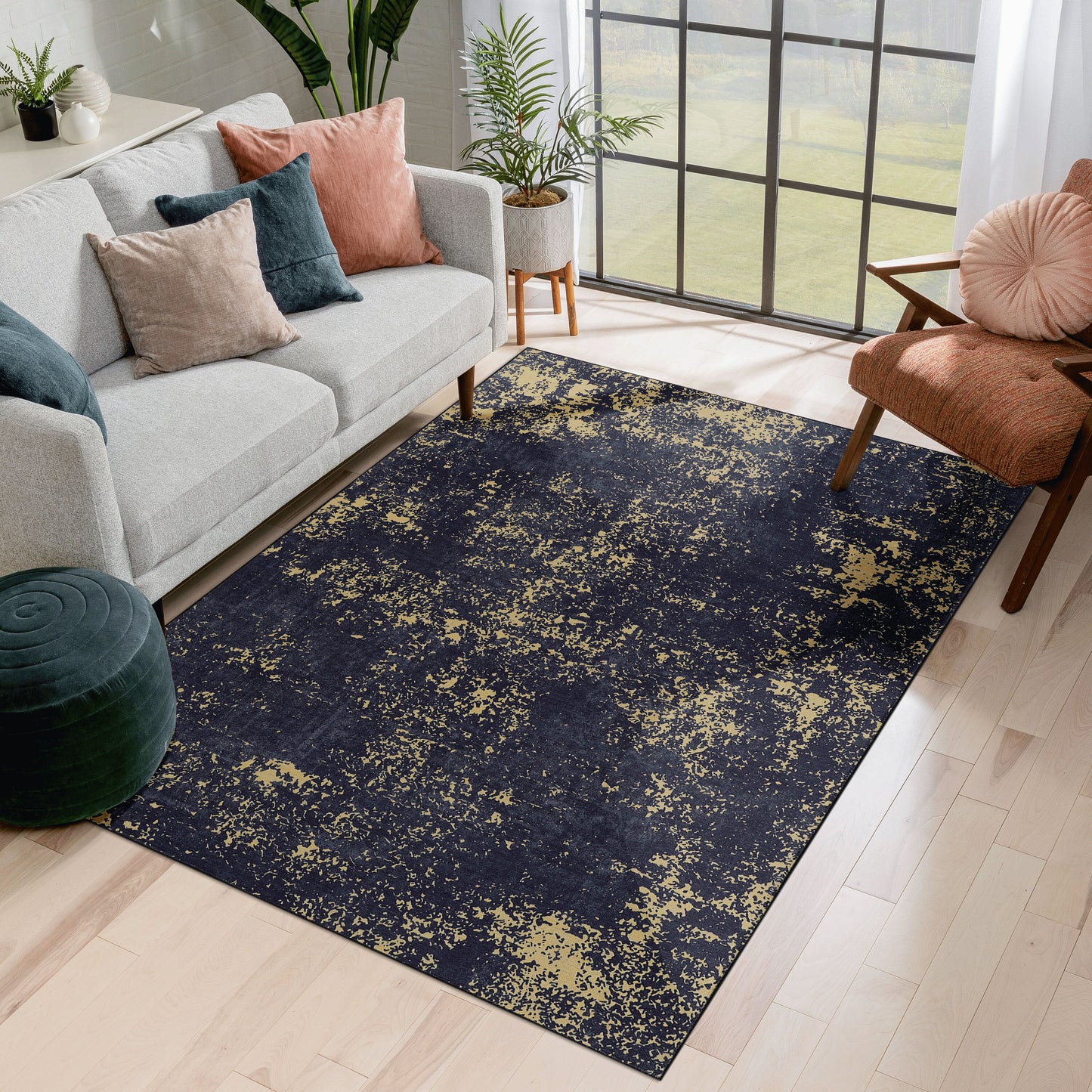 MAVAL Black Washable Rug 5x8 Area Rug  Black Gold, 5' X 8'
