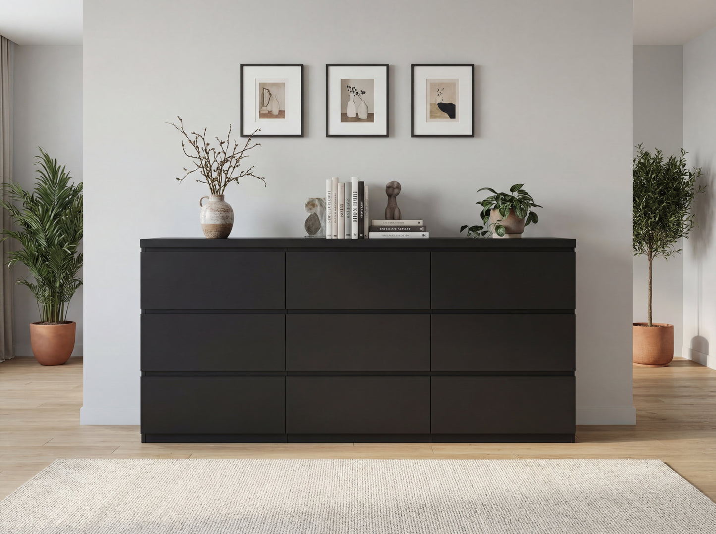 9 Drawer Dresser With No Handle Design, Modern Black Matte Wood Dresser For Bedroom, Storage Chest Of Drawers For Living Room, Hallway, Entryway