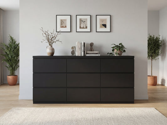 9 Drawer Dresser With No Handle Design, Modern Black Matte Wood Dresser For Bedroom, Storage Chest Of Drawers For Living Room, Hallway, Entryway