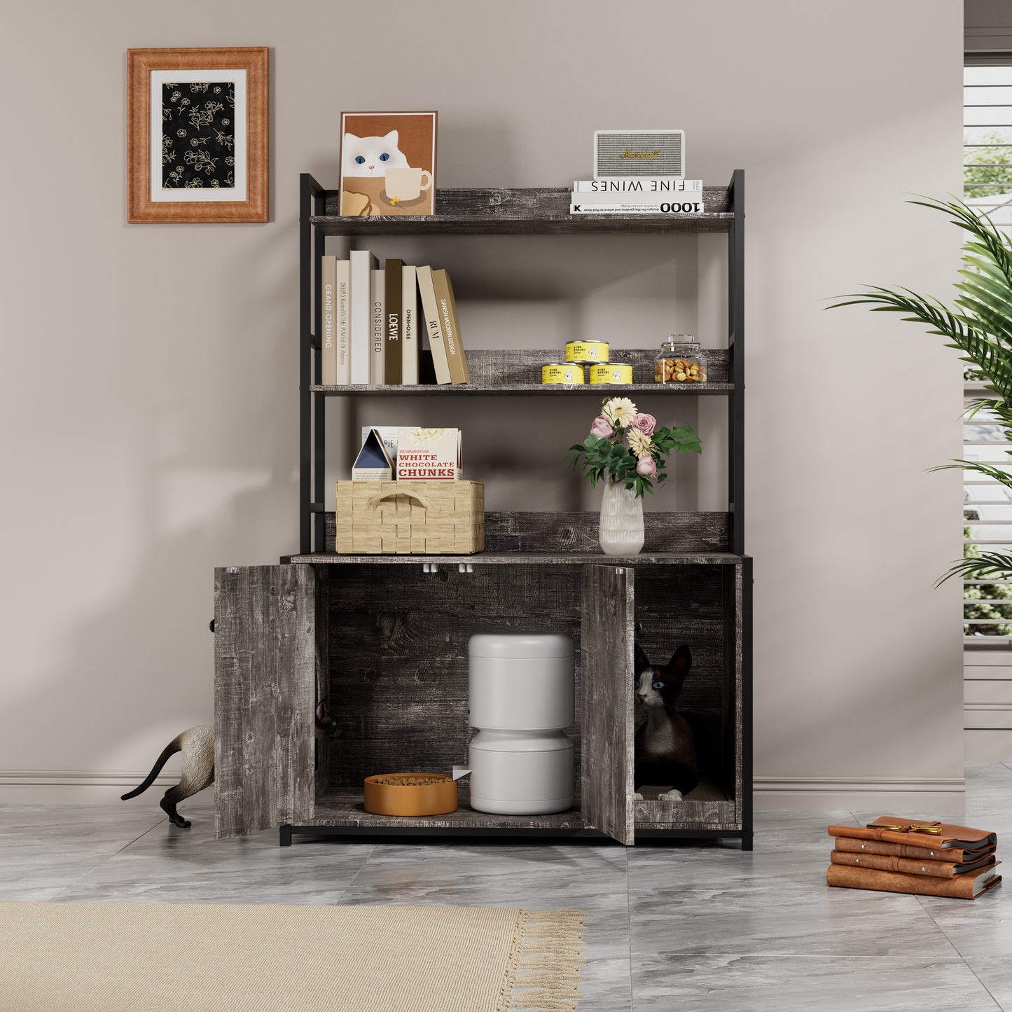 Large Cat Litter Box Enclosure With Shelf Storage, Hidden Cat Washroom Furniture, Wooden Cat House With Scratch Pad, Sturdy Indoor Cat Cabinet With 2 DoorsGrey