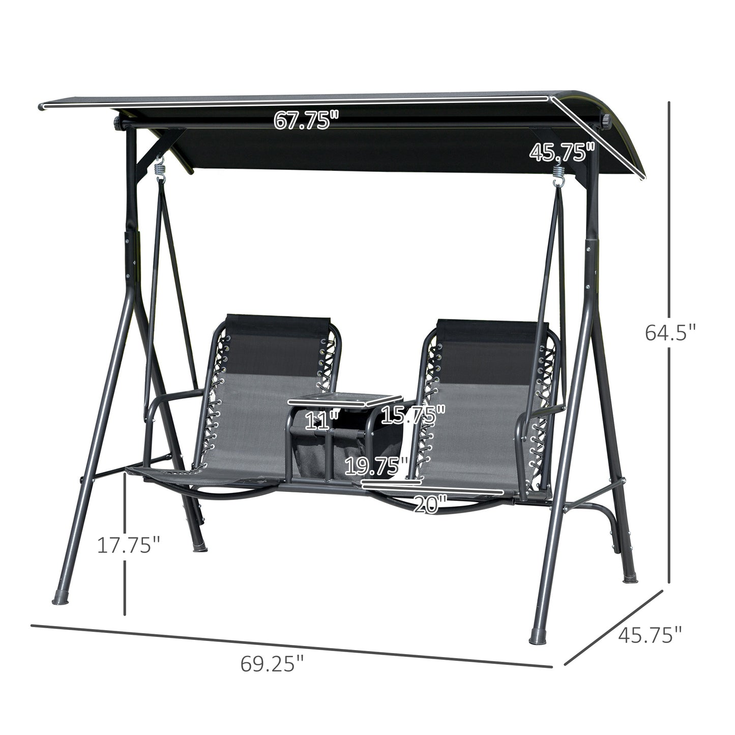 2-Seat Outdoor Porch Swing, With Pivot Storage Table, Cup Holder, & Adjustable Overhead Canopy, Stand's Skid-Resistant Feet Pad, Breathable Mesh Seat, Steel Frame, For Patio, Black
